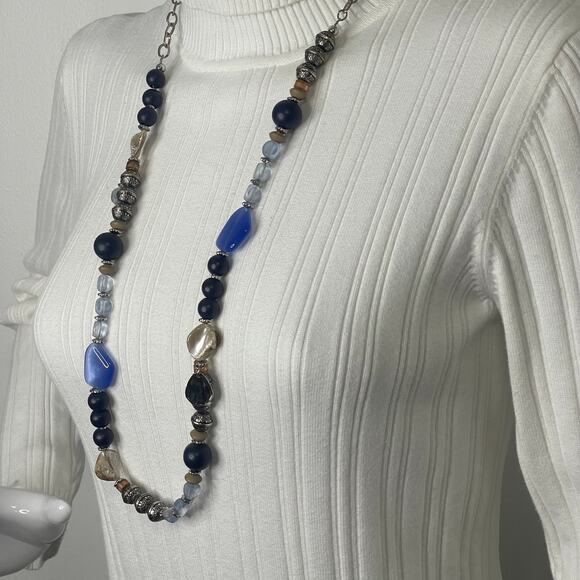 Chico's signed necklace long chunky chain link natural neutral blue tan boho - Picture 4 of 12